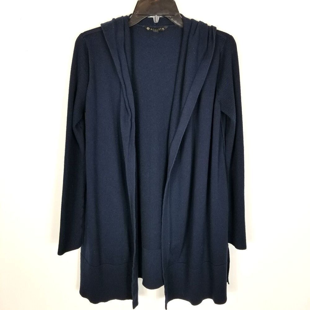 Athleta Women Cotton Silk Cardigan Sweater Size S Hooded Navy Open Front